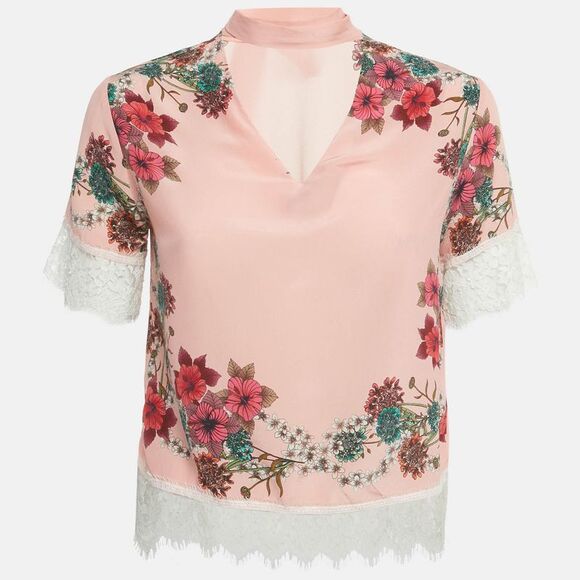 Sandro Pink Floral Print Silk Lace Trim Detail Top S